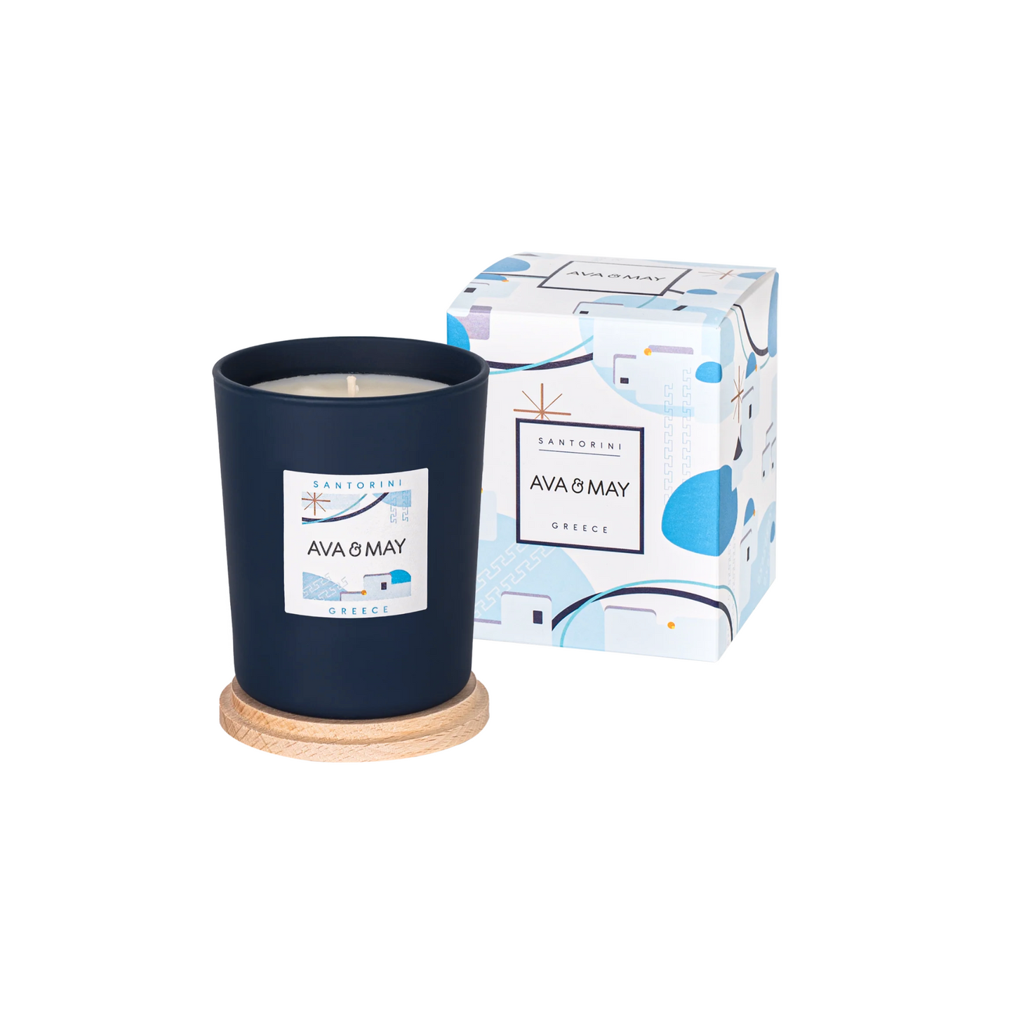 Lumânare parfumată AVA & MAY - Santorini, Greece, Arome de citrice, iasomie și o bază lemnoasă de cedru, 180g - Zaha Boutique
