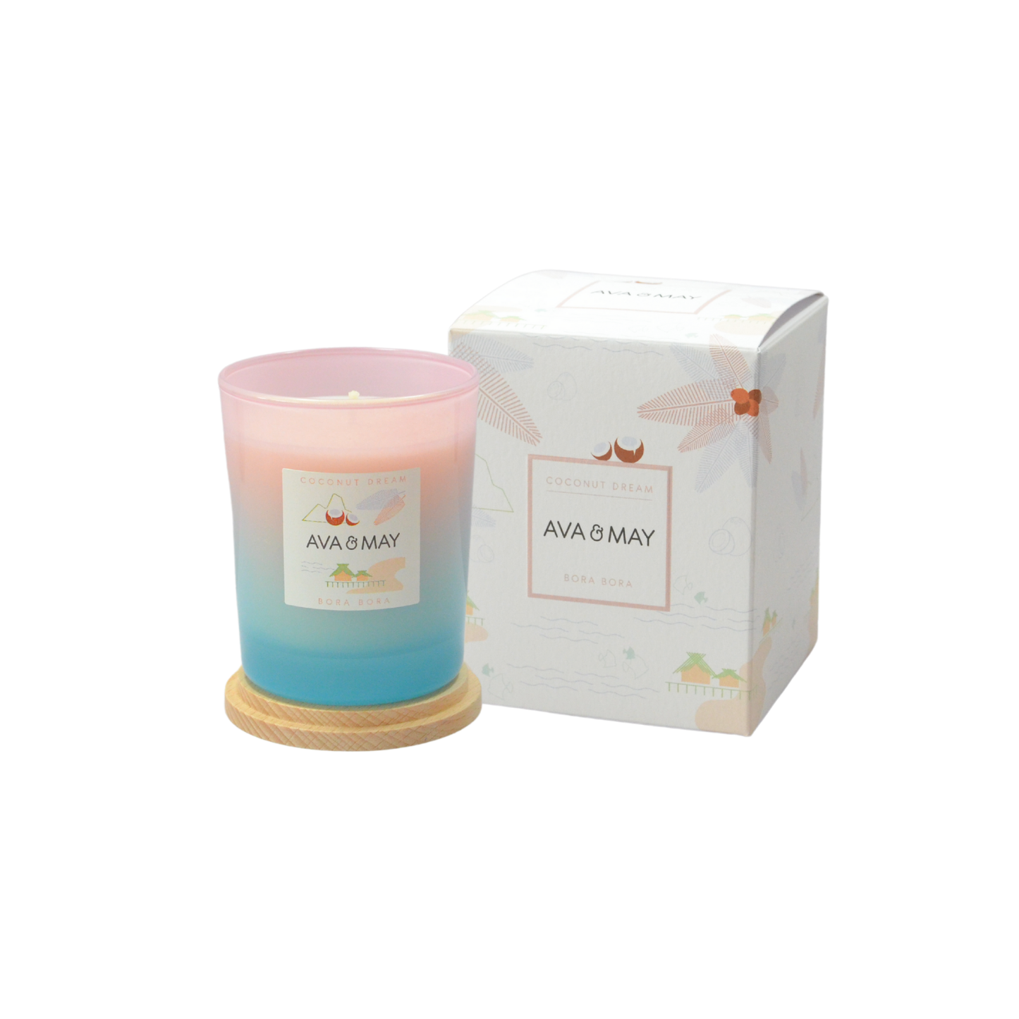 Lumânare parfumată AVA & MAY - Bora Bora, Coconut Dream, Arome de nucă de cocos, flori de frangipani și accente de vanilie, 180g - Zaha Boutique