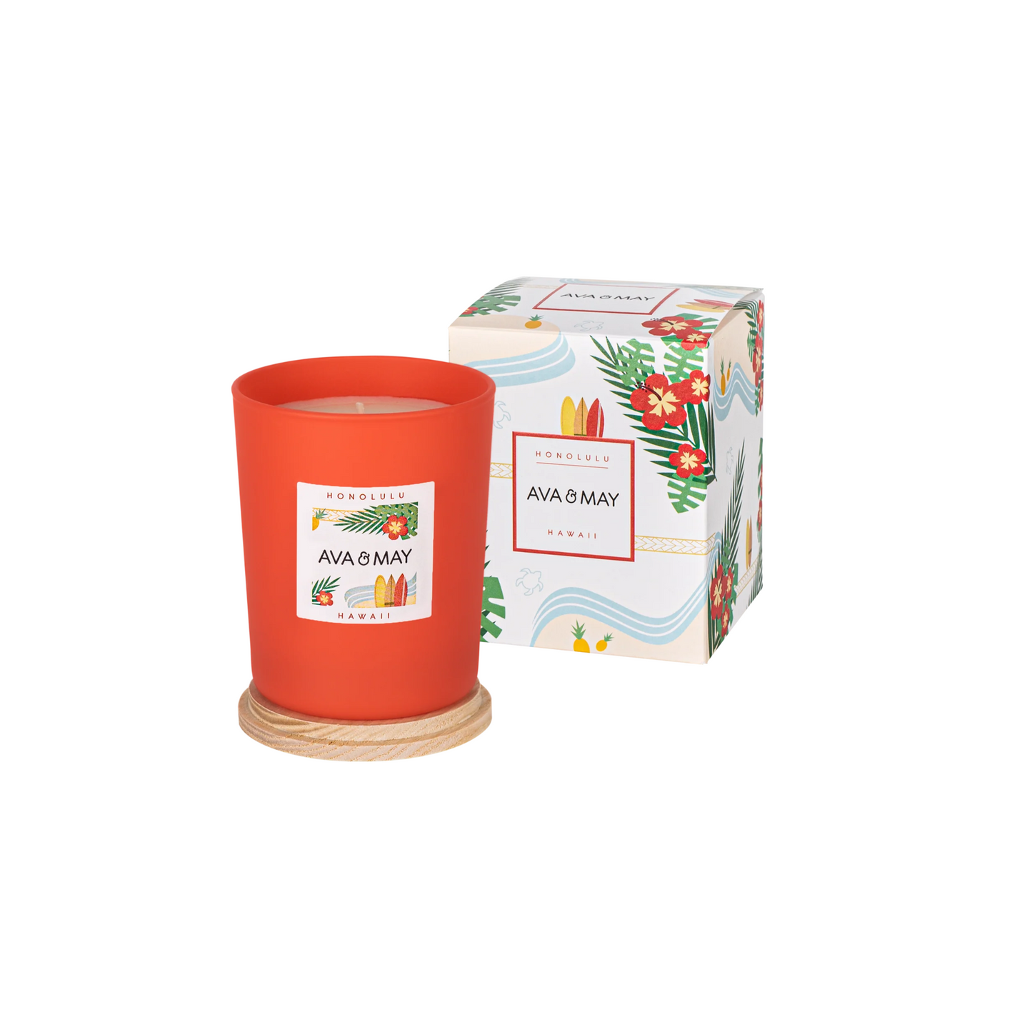 Lumânare parfumată AVA & MAY - Honolulu, Hawaii, Arome de ananas, hibiscus și o bază caldă de lemn de santal, 180g - Zaha Boutique