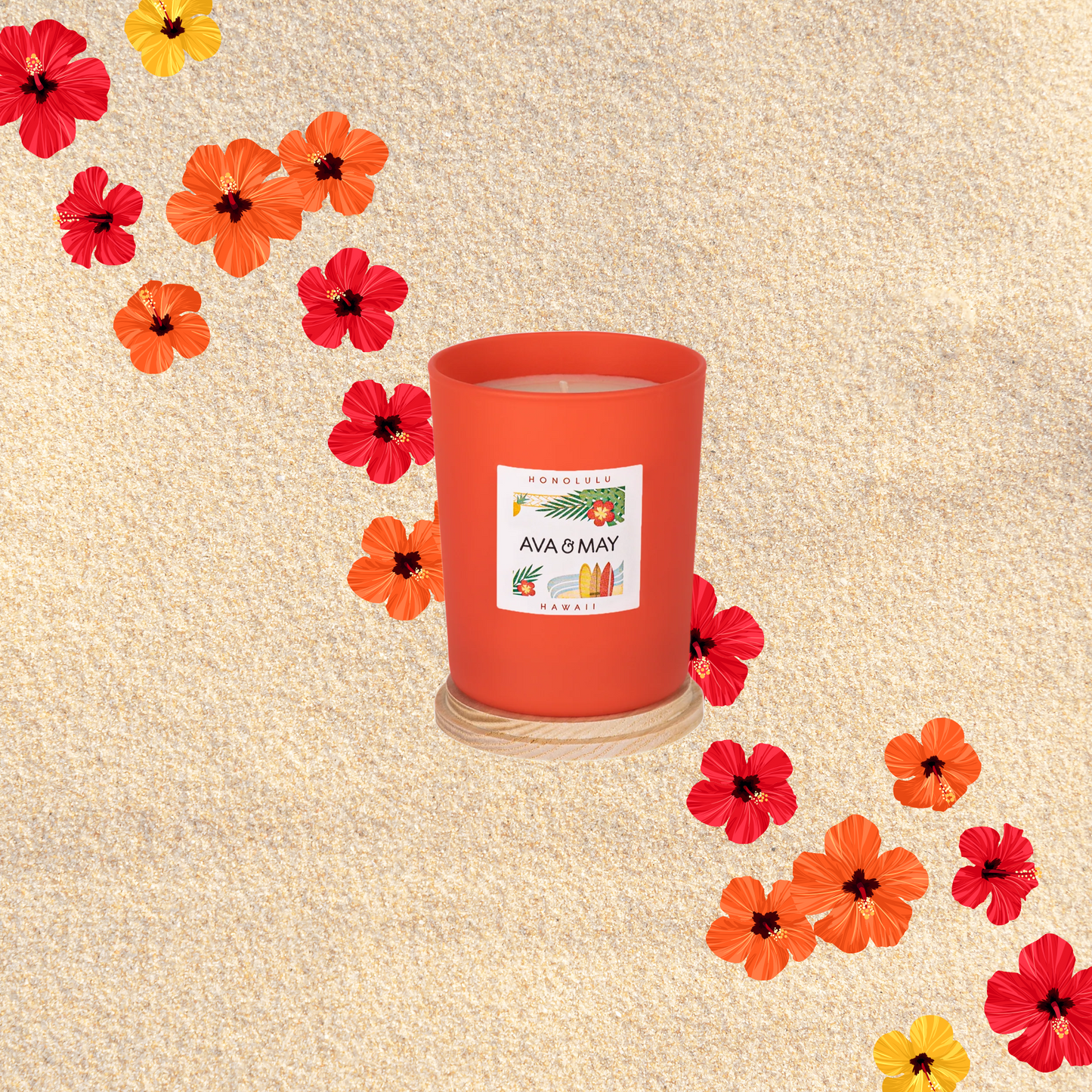 Lumânare parfumată AVA & MAY - Honolulu, Hawaii, Arome de ananas, hibiscus și o bază caldă de lemn de santal, 180g - Zaha Boutique