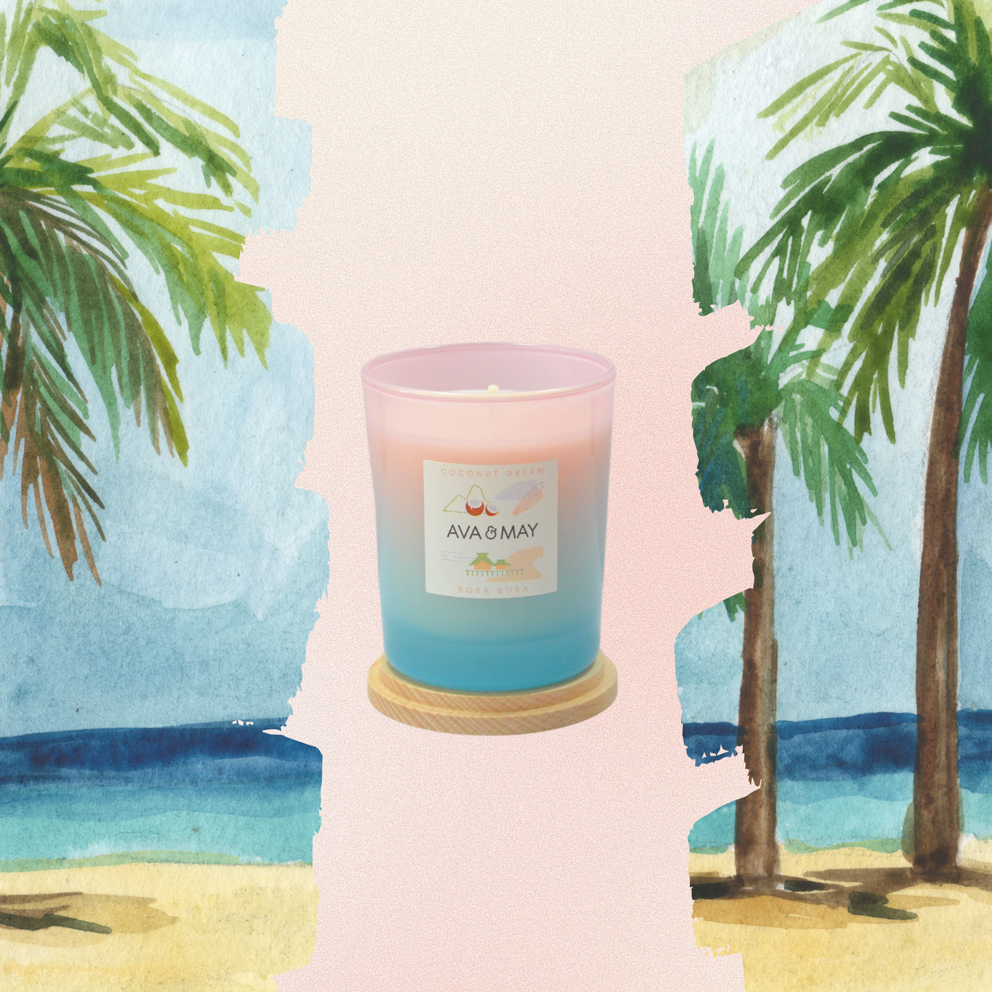 Lumânare parfumată AVA & MAY - Bora Bora, Coconut Dream, Arome de nucă de cocos, flori de frangipani și accente de vanilie, 180g - Zaha Boutique