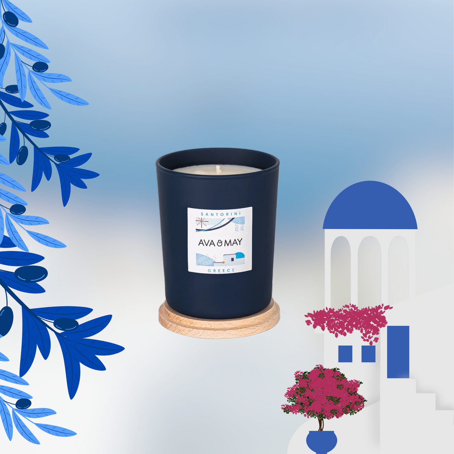 Lumânare parfumată AVA & MAY - Santorini, Greece, Arome de citrice, iasomie și o bază lemnoasă de cedru, 180g - Zaha Boutique