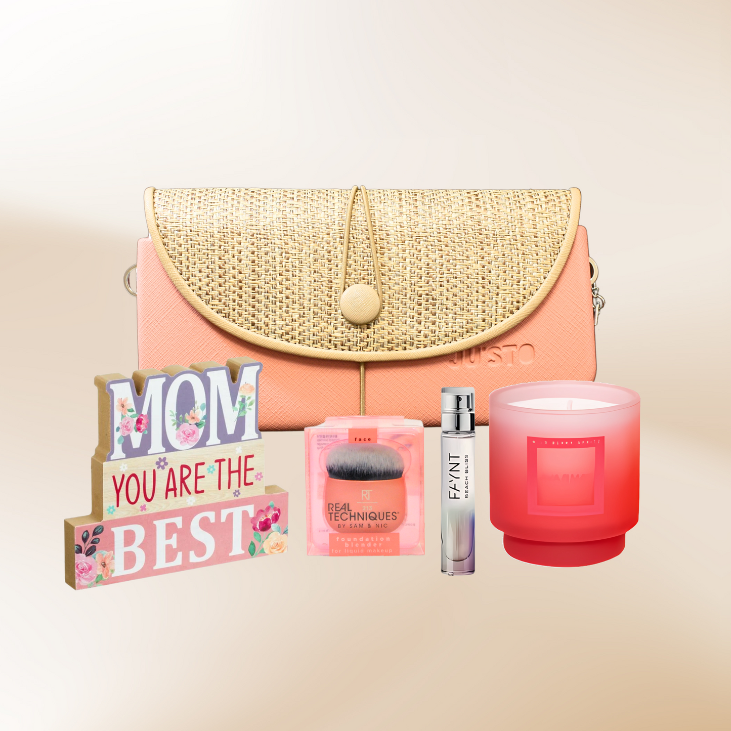 Set cadou Peach Harmony, geantă, lumânare parfumată, parfum, pensulă, placă decorativă - Zaha Boutique