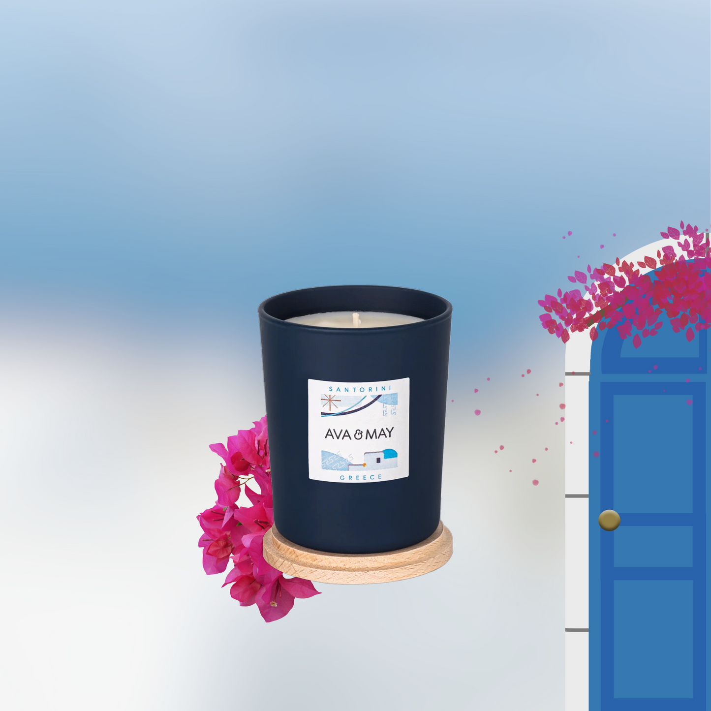 Lumânare parfumată AVA & MAY - Santorini, Greece, Arome de citrice, iasomie și o bază lemnoasă de cedru, 180g - Zaha Boutique