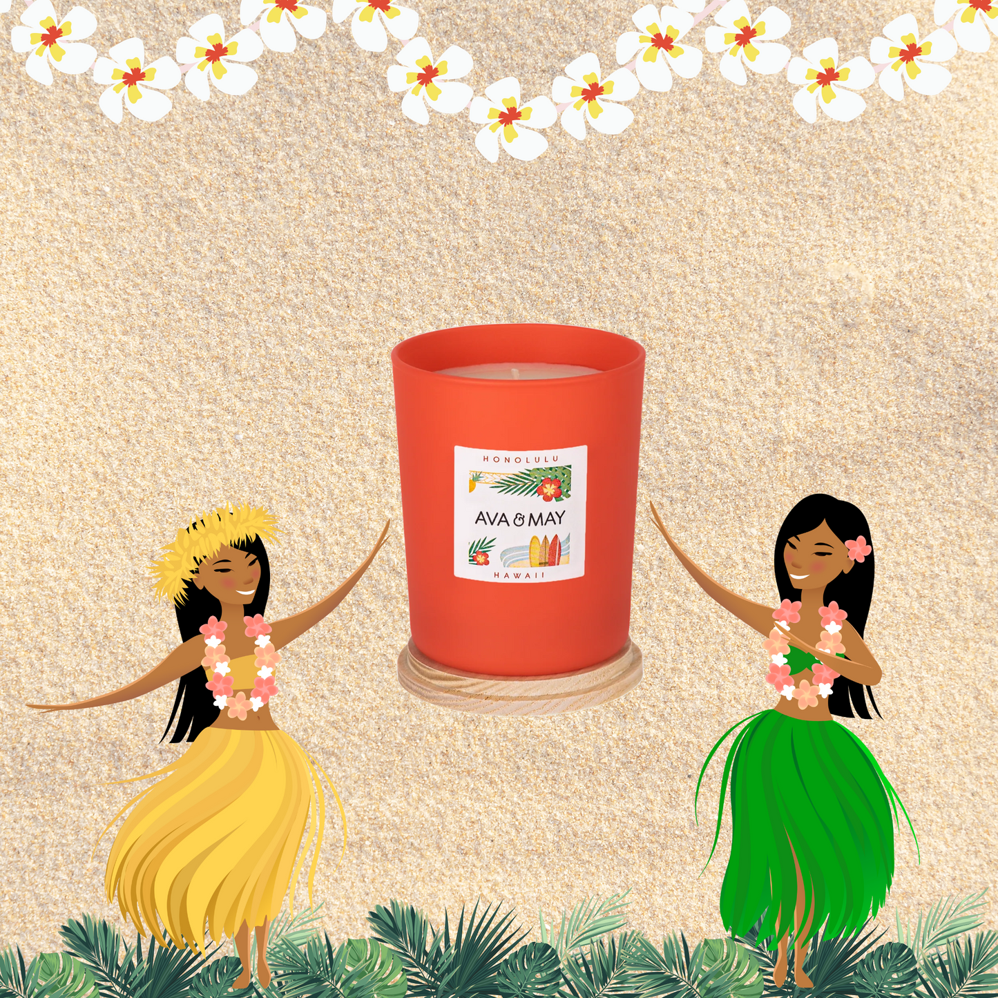 Lumânare parfumată AVA & MAY - Honolulu, Hawaii, Arome de ananas, hibiscus și o bază caldă de lemn de santal, 180g - Zaha Boutique