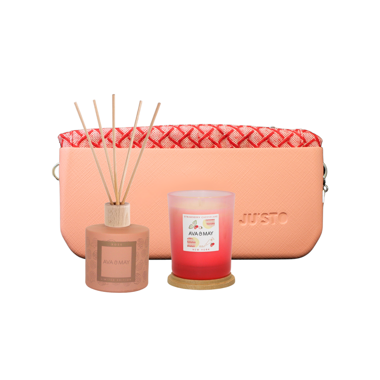 Set cadou Peach Please, geantă, parfum de cameră, lumânare parfumată - Zaha Boutique