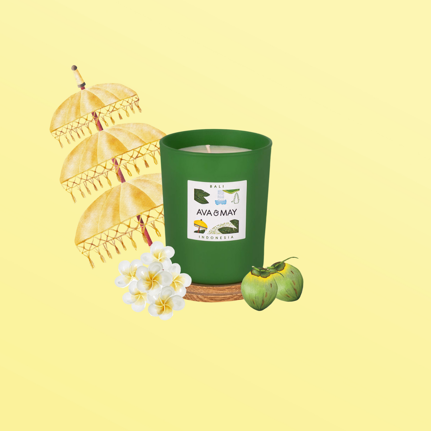 Lumânare parfumată AVA & MAY Bali 180g cu arome de iasomie, cuișoare și patchouli.