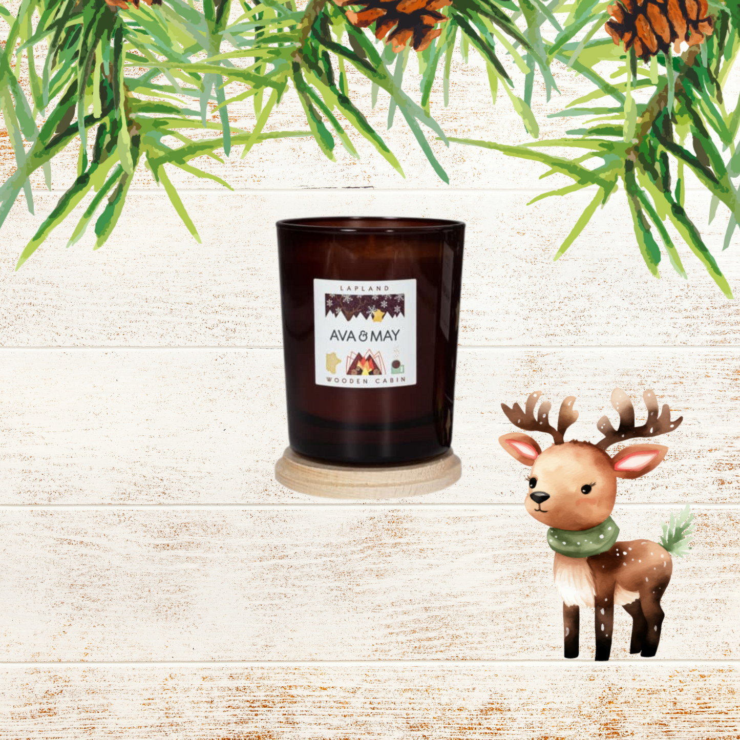 Lumânare parfumată AVA & MAY Lapland 180g cu arome de pin, note lemnoase și accente dulci.