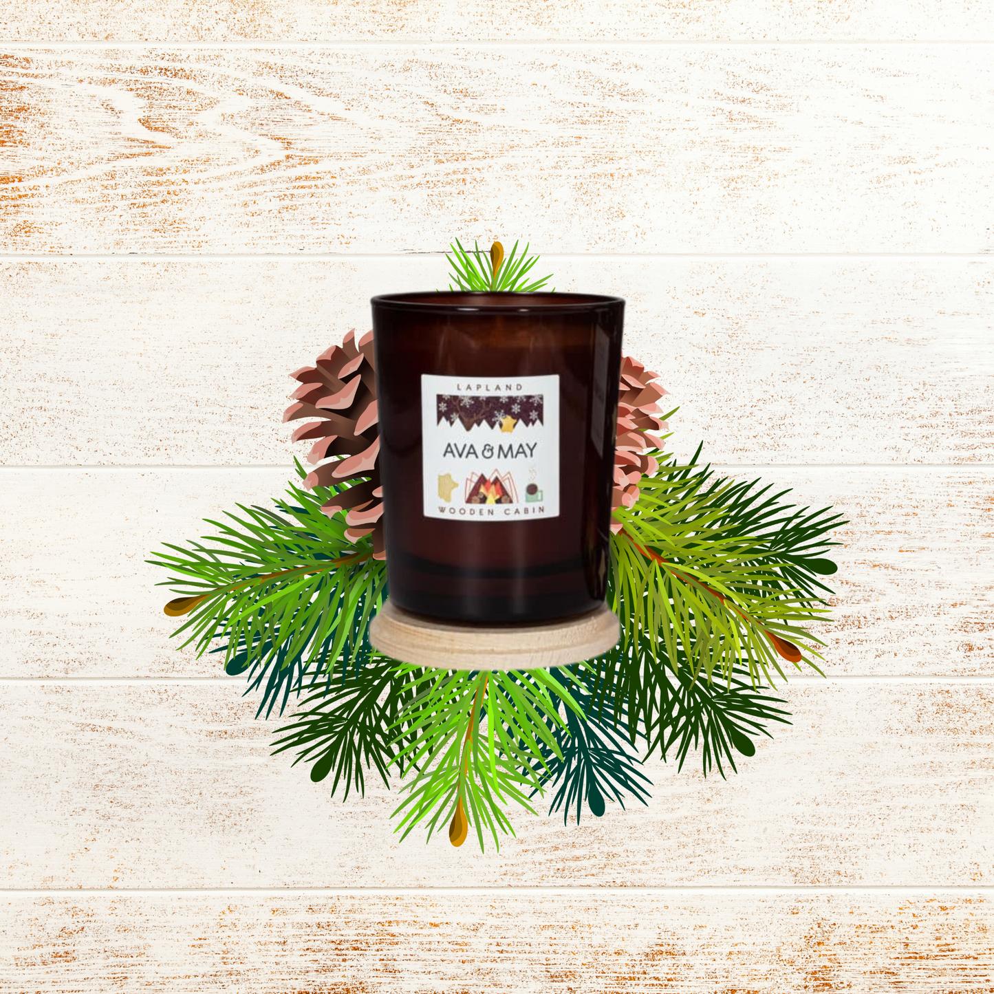 Lumânare parfumată AVA & MAY Lapland 180g cu arome de pin, note lemnoase și accente dulci.