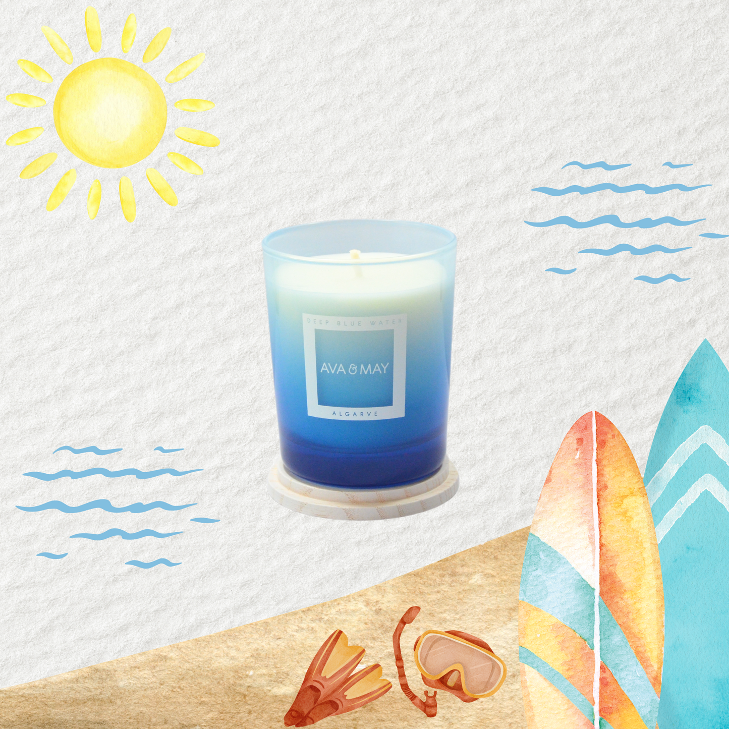 Lumânare AVA & MAY Algarve, Deep Blue Water 180g – Parfum marin proaspăt și calmant pentru orice încăpere