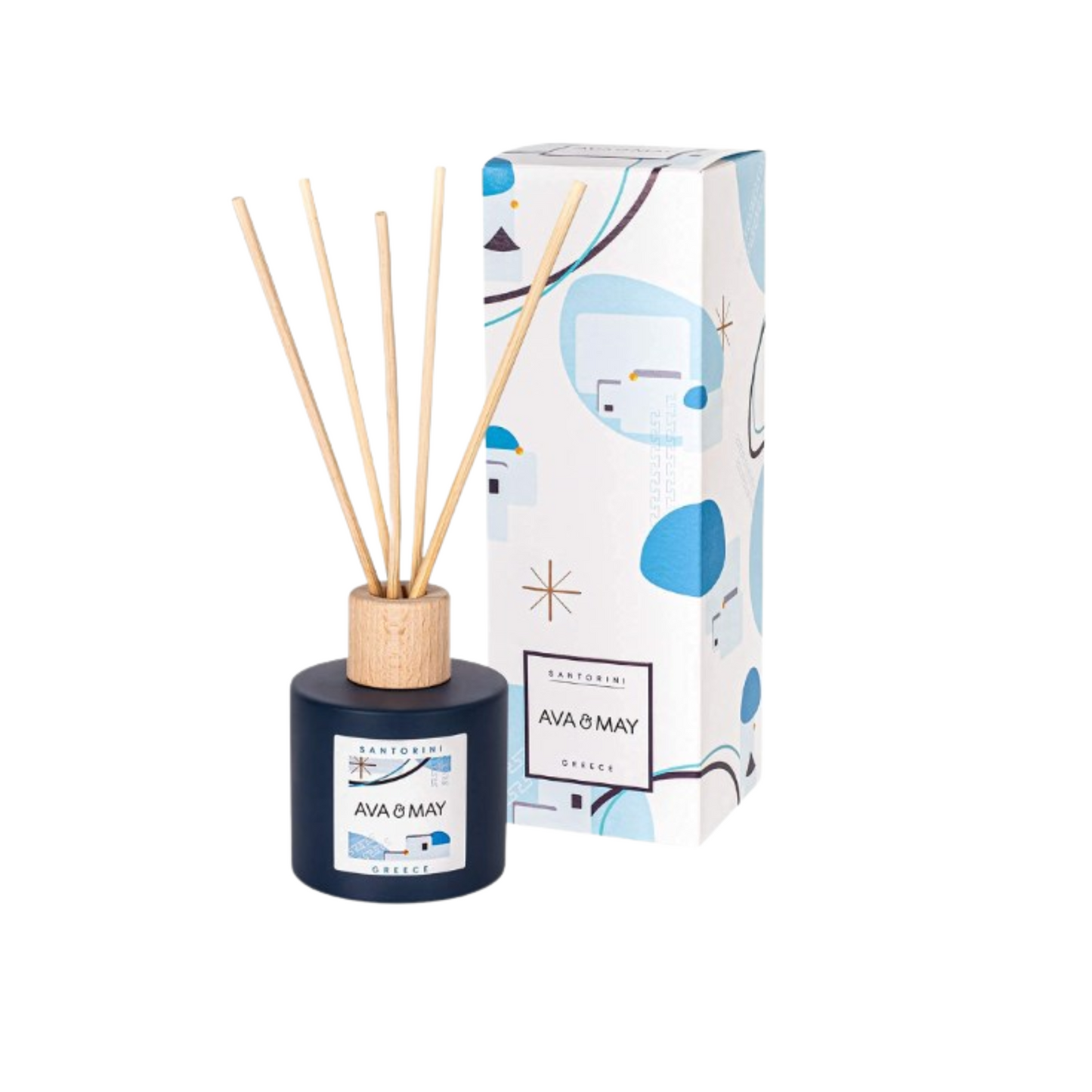 Parfum de cameră AVA & MAY Santorini 100ml cu arome de citronă, flori de liliac și note marine.