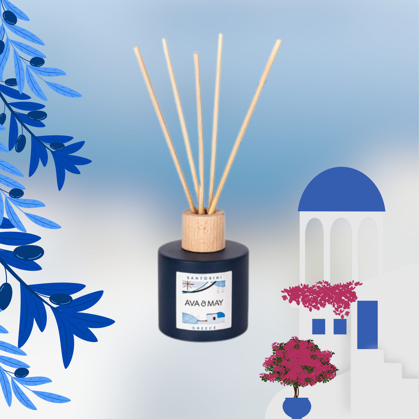 Parfum de cameră AVA & MAY Santorini 100ml cu arome de citronă, flori de liliac și note marine.