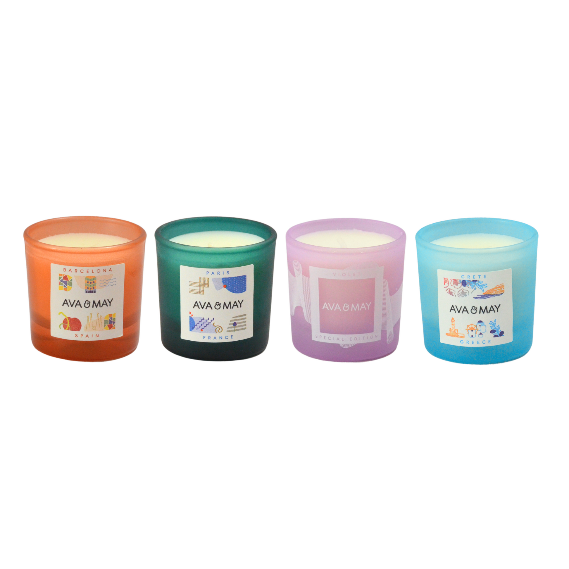Set 4 lumânari parfumate AVA & MAY - Barcelona Orange, Paris, Violet, Crete, 4 x 30g - Zaha Boutique