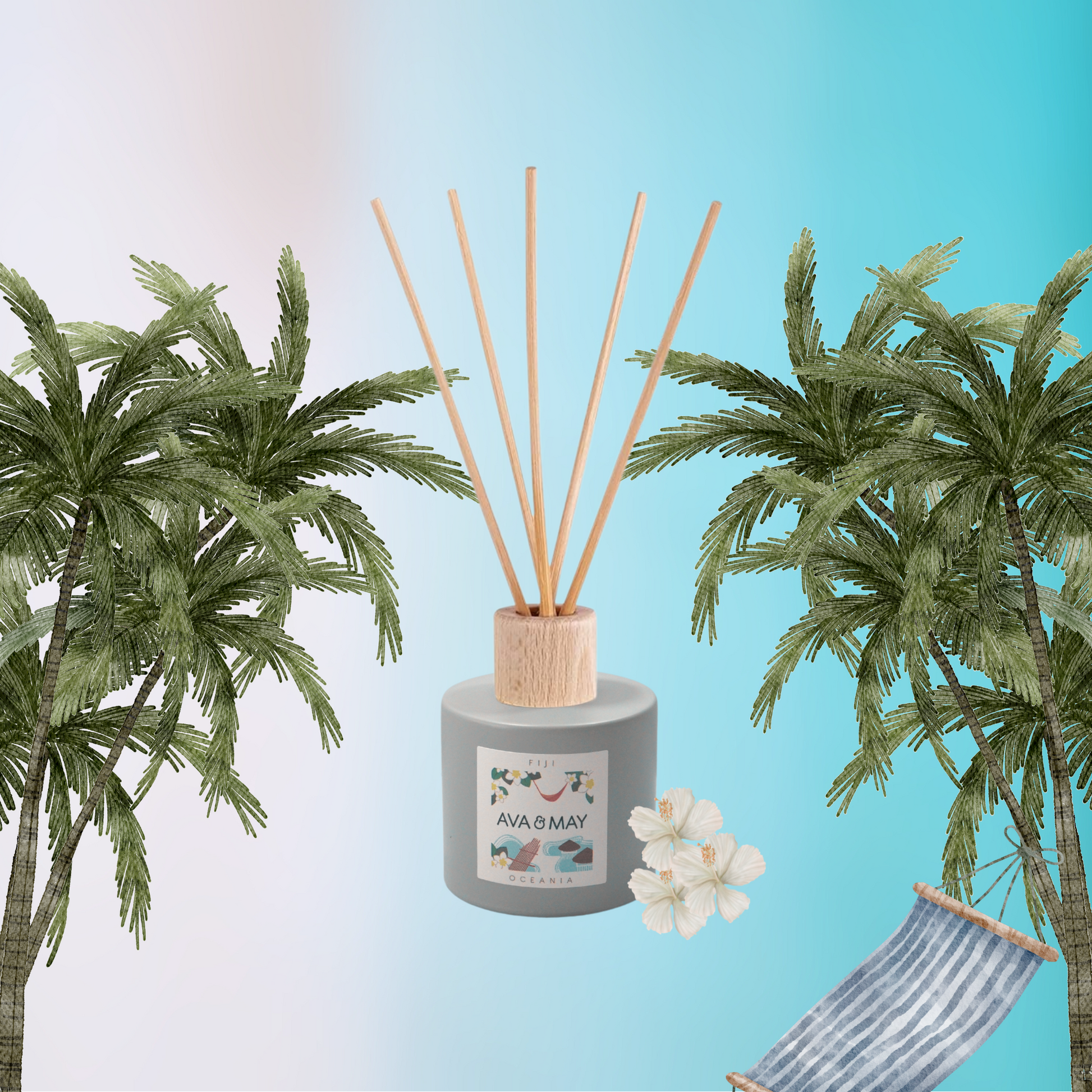 Parfum de cameră cu bețe AVA & MAY Fiji – Arome de Nucă de Cocos, Frangipani și Vanilie – 100ml - Zaha Boutique