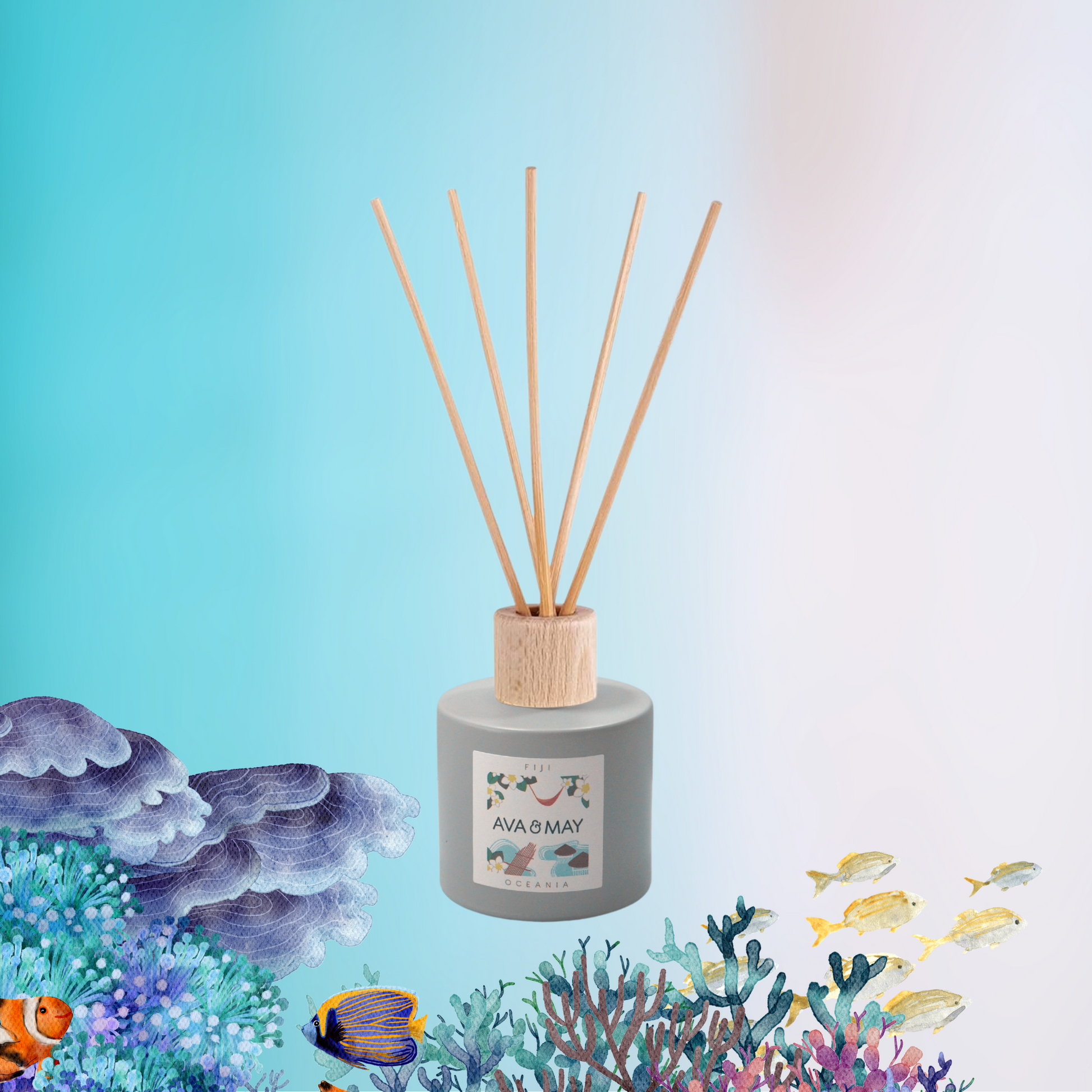 Parfum de cameră cu bețe AVA & MAY Fiji – Arome de Nucă de Cocos, Frangipani și Vanilie – 100ml - Zaha Boutique