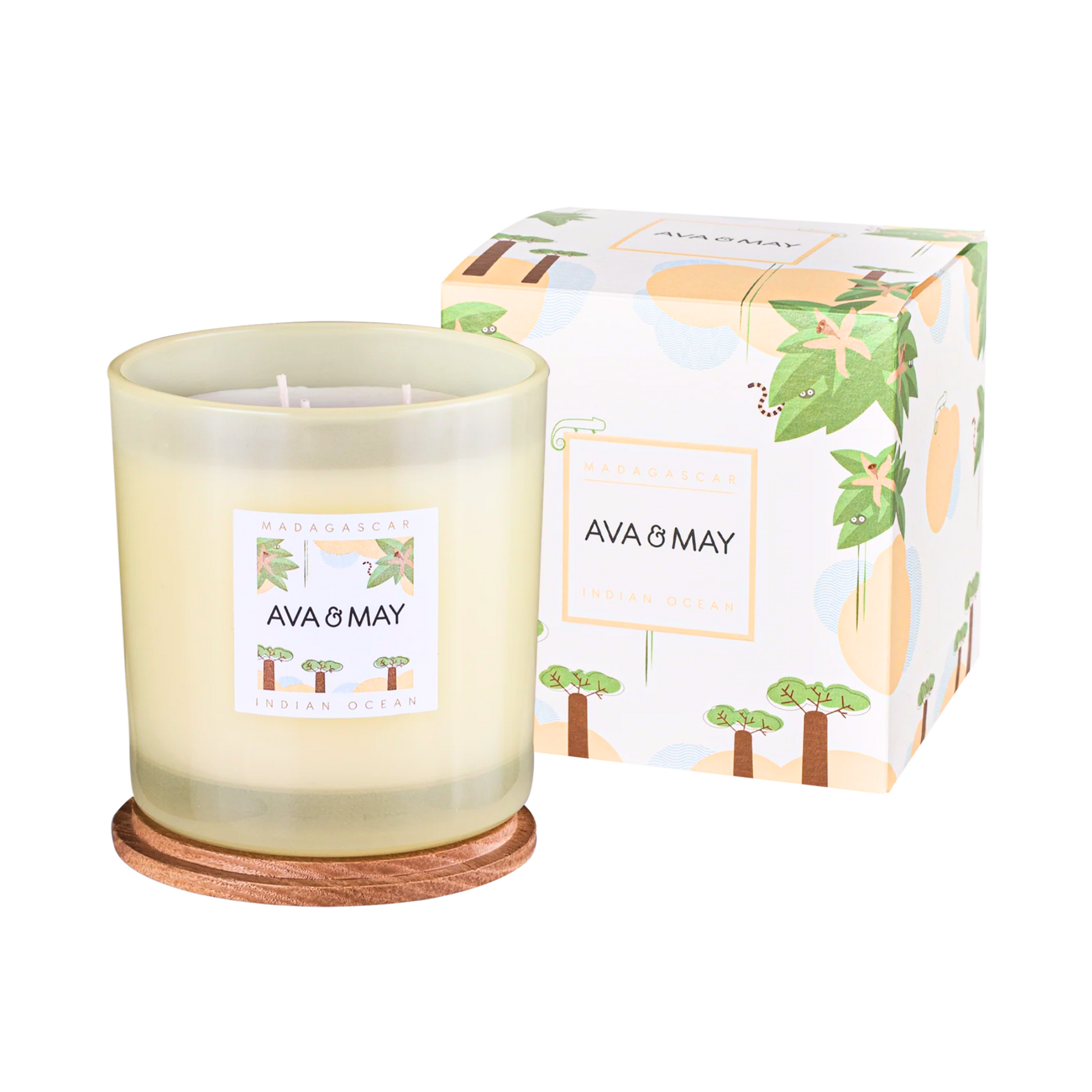 Lumânare parfumată AVA & MAY Madagascar 500g – Arome de vanilie, note tropicale și lemn de santal